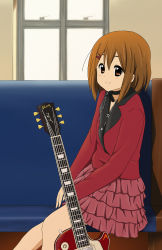 Rule 34 | 1girl, bad id, bad pixiv id, blue upholstery, brown eyes, brown hair, chair, choker, couch, frilled skirt, frills, guitar, hirasawa yui, instrument, jacket, k-on!, red jacket, short hair, skirt, solo, yunotimo