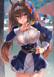 Rule 34 | 1girl, animal ears, blush, bra visible through clothes, bralines, breasts, brown hair, daiwa scarlet (umamusume), hair intakes, highres, horse ears, horse girl, horse tail, kawai (purplrpouni), large breasts, long hair, long sleeves, looking at viewer, rain, red eyes, see-through, see-through shirt, shirt, tail, thighs, tiara, twintails, umamusume, very long hair, wet, wet clothes