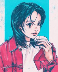 Rule 34 | 1girl, black eyes, black hair, buttons, casual, commentary, english commentary, hand up, jacket, lips, looking to the side, medium hair, musa (musa draws), nose, parted bangs, parted lips, red jacket, shirt, signature, sleeveless, sleeveless shirt, solo, upper body, white shirt