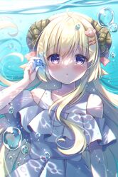 Rule 34 | 1girl, :o, ahoge, air bubble, animal ears, bare shoulders, blonde hair, blush, bubble, collarbone, commentary request, day, dress, frilled dress, frills, hair ornament, hairclip, hand up, highres, holding, hololive, horns, kouta., long hair, looking at viewer, ocean, off-shoulder dress, off shoulder, outdoors, parted lips, pleated dress, sheep ears, sheep girl, sheep horns, solo, tsunomaki watame, very long hair, virtual youtuber, water, white dress