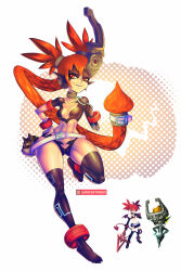 Rule 34 | 1girl, abs, black thighhighs, bracelet, breasts, crossover, disgaea, etna (disgaea), fang, feet, full body, fusion, hair weapon, highres, jewelry, long hair, mask, medium breasts, midna, muscular, muscular female, navel, nintendo, orange hair, panties, pointy ears, ponytail, red eyes, simple background, smile, spiked hair, supersatanson, tattoo, the legend of zelda, the legend of zelda: twilight princess, thighhighs, toenails, underwear