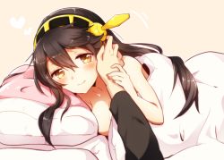 Rule 34 | 10s, 1girl, bare pectorals, bare shoulders, bed, bed sheet, black hair, blush, breasts, brown eyes, brown hair, cleavage, collarbone, hairband, hand on another&#039;s cheek, hand on another&#039;s face, haruna (kancolle), heart, kantai collection, long hair, looking at viewer, lying, naked sheet, on bed, on side, pectorals, pillow, pov, pov across bed, simple background, smile, solo focus, umino (anesthesia), under covers