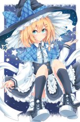 Rule 34 | 1girl, adapted costume, apron, black footwear, black socks, blonde hair, blue eyes, blue ribbon, bow, braid, buttons, capelet, collared shirt, earrings, full body, hair bow, hair ornament, hairclip, hat, hat bow, high-waist skirt, highres, jewelry, kirisame marisa, kneehighs, long sleeves, looking at viewer, mekarugaru, neck ribbon, plaid, plaid bow, ribbon, shirt, shoes, side braid, single braid, skirt, smile, socks, solo, star (symbol), star earrings, touhou, waist apron, white bow, witch hat