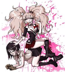 Rule 34 | 2girls, \m/, absurdly long hair, all fours, arched back, bear hair ornament, black footwear, black hair, black shirt, black skirt, blonde hair, blood, blood splatter, blue eyes, blush, bow, bowtie, breasts, brown gloves, calf boots, calf socks, choker, cleavage, collarbone, danganronpa: trigger happy havoc, danganronpa (series), enoshima junko, eyelashes, freckles, gloves, grey eyes, hair between eyes, hair ornament, hand on another&#039;s head, ikusaba mukuro, incest, large breasts, long hair, looking at viewer, multicolored background, multiple girls, neck ribbon, open mouth, parted bangs, parted lips, pink background, pleated skirt, red bow, red ribbon, red skirt, ribbon, shirt, short sleeves, siblings, simple background, sisters, sitting, sitting on person, skirt, smile, teeth, tongue, tongue out, twincest, twins, twintails, upper teeth only, very long hair, white background, white shirt, yuri