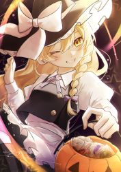 Rule 34 | 1girl, absurdres, apron, black hat, black skirt, black vest, blonde hair, blush, bow, buttons, candy, collared shirt, commentary, eyebrows hidden by hair, food, grin, hair between eyes, hair bow, halloween bucket, hand up, hat, hat bow, highres, juliet sleeves, kirisame marisa, long hair, long sleeves, looking at viewer, one eye closed, puffy sleeves, purple bow, rokuya (68 zusao), shirt, skirt, skirt set, smile, solo, star (symbol), teeth, touhou, upper body, vest, waist apron, white apron, white bow, white shirt, witch hat, yellow eyes