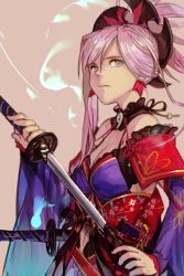 Rule 34 | 1girl, asymmetrical hair, bare shoulders, blue eyes, breasts, cleavage, detached sleeves, earrings, fate/grand order, fate (series), hair ornament, hungry clicker, japanese clothes, jewelry, katana, looking at viewer, magatama, miyamoto musashi (fate), miyamoto musashi (third ascension) (fate), navel, pink hair, sheath, solo, sword, unsheathing, weapon