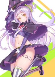 Rule 34 | 1girl, absurdres, black footwear, blunt bangs, breasts, buttons, cleavage, closed mouth, cone hair bun, gloves, gore (white gore), groin, hair bun, hair ornament, hat, highres, hololive, light purple hair, long hair, looking at viewer, midriff, miniskirt, murasaki shion, murasaki shion (1st costume), navel, orange eyes, pinstripe pattern, pinstripe shirt, shirt, shoes, single side bun, skirt, small breasts, solo, star (symbol), striped clothes, striped shirt, striped thighhighs, thighhighs, v-shaped eyebrows, vertical-striped clothes, vertical-striped shirt, virtual youtuber, wide hips, witch hat