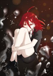 Rule 34 | 1other, ahoge, androgynous, angrygentle, cinnabar (houseki no kuni), colored eyelashes, crying, crying with eyes open, crystal hair, full body, gem uniform (houseki no kuni), hair between eyes, highres, houseki no kuni, hugging own legs, knees up, long bangs, mercury (element), red eyes, red hair, sad, short hair, solo, sparkle, tears