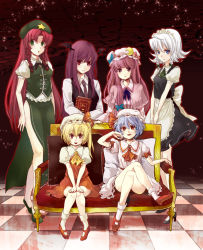 Rule 34 | 6+girls, :o, ascot, bad id, bad pixiv id, bare legs, blonde hair, blue eyes, book, braid, checkered floor, chinese clothes, couch, crescent, crossed arms, crossed legs, embodiment of scarlet devil, fangs, female focus, flandre scarlet, floor, green eyes, group picture, hat, head wings, hong meiling, izayoi sakuya, koakuma, light purple hair, long hair, looking at viewer, maid, maid headdress, multiple girls, no wings, patchouli knowledge, pink eyes, pink hair, purple eyes, purple hair, red eyes, red hair, remilia scarlet, short hair, side slit, sitting, standing, touhou, twin braids, vanishing point, white hair, wings, yuki (popopo)