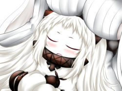 Rule 34 | 10s, 2girls, abyssal ship, ahoge, aircraft, airplane, blush, colored skin, dress, closed eyes, horns, kantai collection, long hair, lying on person, mittens, multiple girls, northern ocean princess, hugging object, okuno-san, open mouth, ouno (nounai disintegration), out of frame, seaport princess, sleeping, white dress, white hair, white skin