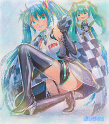 Rule 34 | 1girl, artist name, boots, checkered flag, chibi, elbow gloves, flag, gloves, goodsmile company, goodsmile racing, hatsune miku, high heels, long hair, mayo riyo, open mouth, race queen, racing miku, shoes, thigh boots, thighhighs, traditional media, twintails, umbrella, very long hair, vocaloid