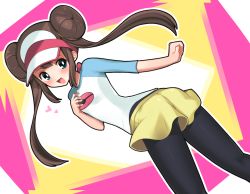 Rule 34 | 1girl, :d, black leggings, blue eyes, blush, bow, brown hair, brown pantyhose, clenched hand, commentary request, creatures (company), double bun, floating hair, game freak, hair bun, hand up, heart, leggings, leggings under shorts, long hair, looking back, moon setuna, nintendo, open mouth, outline, pantyhose, pink bow, pokemon, pokemon bw2, raglan sleeves, rosa (pokemon), shiny clothes, short shorts, shorts, smile, solo, tongue, twintails, visor cap, yellow shorts