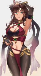 Rule 34 | 1girl, absurdres, armpits, bare shoulders, black pantyhose, blush, bracelet, breasts, bridal gauntlets, brown hair, circlet, cleavage, criss-cross halter, detached sleeves, dorothea arnault, earrings, fire emblem, fire emblem: three houses, fire emblem heroes, green eyes, halterneck, highres, jewelry, large breasts, long hair, looking at viewer, navel, nintendo, ormille, pantyhose, parted lips, pelvic curtain, pendant, sash, simple background, solo, white background