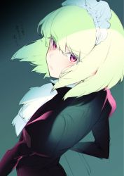 Rule 34 | 1boy, androgynous, arched back, black jacket, blue background, closed mouth, from behind, gradient background, green hair, highres, hizuki akira, jacket, lio fotia, looking back, maid headdress, male focus, neckerchief, pink eyes, promare, sidelocks, solo, swept bangs, translation request, upper body