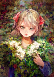 Rule 34 | 1girl, absurdres, artist name, blonde hair, blue dress, commentary, dress, eyelashes, floral background, flower, flower request, gagaichi, green eyes, hair ribbon, hand up, highres, leaf, long sleeves, looking at viewer, original, parted lips, pink lips, pink ribbon, ribbon, solo, straight-on, swept bangs, twintails, upper body, white flower