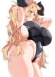 Rule 34 | 1girl, arms behind head, arms up, ass, black one-piece swimsuit, black ribbon, blonde hair, blush, breasts, cameltoe, competition swimsuit, curvy, from behind, from side, green eyes, hair ribbon, highleg, highleg swimsuit, highres, huge breasts, kz oji, long hair, looking afar, one-piece swimsuit, original, ribbon, sideboob, solo, standing, sweatdrop, swimsuit, thong one-piece swimsuit, twintails, very long hair, wide hips