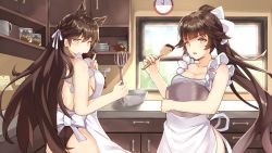 Rule 34 | 2girls, animal ears, apron, atago (azur lane), azur lane, black hair, black panties, breasts, candy, chocolate, chocolate heart, chocolate making, clock, commentary, dog ears, food, hair ribbon, heart, highres, kitchen, kitchen knife, long hair, looking at viewer, medium breasts, mixing bowl, mole, mole under eye, multiple girls, nearly naked apron, open mouth, panties, ponytail, ribbon, sideboob, spatula, sylux, takao (azur lane), underwear, valentine, very long hair, wall clock, whisk, window, yellow eyes
