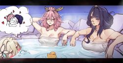 ... 3girls anary animal_ears bare_arms bare_shoulders blonde_hair blush breasts cleavage commentary english_commentary fox_ears genshin_impact highres himejoshi imagining large_breasts letterboxed long_hair looking_at_another lumine_(genshin_impact) multiple_girls one_eye_closed onsen partially_submerged pink_hair purple_eyes purple_hair raiden_shogun rubber_duck same-sex_bathing shared_bathing swimsuit water yae_miko yellow_eyes yuri