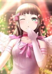 Rule 34 | 1girl, ;o, backlighting, bad id, bad pixiv id, bare shoulders, blunt bangs, blurry, blurry background, blush, bow, breasts, brown hair, choker, collarbone, dress, elbow gloves, facepaint, gem, gloves, green eyes, hair bow, hair ornament, heart, highres, kurosawa dia, long hair, looking at viewer, love live!, love live! school idol festival, love live! sunshine!!, medium breasts, mole, mole under mouth, one eye closed, open mouth, papi (papiron100), pink bow, pink choker, pink dress, pink gloves, signature, sleeveless, sleeveless dress, solo, upper body, white wings, wings