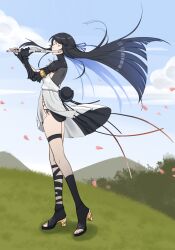 Rule 34 | 1girl, asymmetrical legwear, backless dress, backless outfit, black hair, black pants, blue hair, closed eyes, colored inner hair, dress, floating, floating object, flute, highres, instrument, long hair, mechanical arms, multicolored hair, pants, petals, playing flute, punishing: gray raven, shanghanhanshang, single mechanical arm, thigh strap, vera (punishing: gray raven), white dress