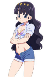 Rule 34 | 1girl, bikini, bikini under clothes, black hair, blue eyes, blunt bangs, breasts, crop top, crossed arms, delicious party precure, denim, denim shorts, himokawa udon, kasai amane, long hair, looking at viewer, navel, open clothes, open shirt, pink bikini, precure, shirt, short shorts, shorts, simple background, small breasts, smile, solo, swimsuit, tiara, tied shirt, unbuttoned, white background