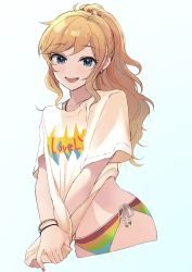 Rule 34 | 1girl, :d, bikini, bikini bottom only, blonde hair, blue eyes, blush, bracelet, clothes writing, collarbone, commentary request, cowboy shot, cropped legs, earrings, hair ornament, highres, idolmaster, idolmaster cinderella girls, jewelry, long hair, looking at viewer, multicolored bikini, multicolored clothes, necklace, no pants, ohtsuki yui, open mouth, ponytail, shirt, side-tie bikini bottom, simple background, smile, solo, star (symbol), star earrings, striped, swimsuit, t-shirt, teeth, upper teeth only, yuzuhota0313