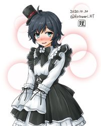 Rule 34 | 1girl, ahoge, artist logo, black hair, blush, commentary request, cowboy shot, dated, dress, embarrassed, frilled dress, frills, gothic lolita, hat, highres, kantai collection, kotowari (newtype kenkyuujo), lolita fashion, looking at viewer, matsukaze (kancolle), mini hat, mini top hat, nose blush, one-hour drawing challenge, short hair, solo, swept bangs, top hat, twitter username, wavy hair, white background