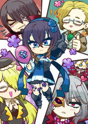 Rule 34 | 3girls, alfred (bloodstained), anne (bloodstained), artist request, black hair, bloodstained: ritual of the night, blue eyes, breasts, brown hair, candle, chibi, detached sleeves, everyone, flower, flower tattoo, gauntlets, glasses, gradient hair, hair between eyes, hair ornament, hair over one eye, horns, johannes (bloodstained), long hair, looking at viewer, medium breasts, miriam (bloodstained), moon, multicolored hair, multiple boys, multiple girls, short hair, simple background, smile, stained glass, tattoo, zangetsu (bloodstained)