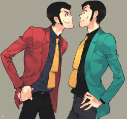 Rule 34 | 2boys, arsene lupin iii, bad id, bad pixiv id, black hair, clone, cowboy shot, dual persona, eye contact, face-to-face, formal, green jacket, grey background, grin, hand on own hip, jacket, looking at another, lupin iii, male focus, multiple boys, necktie, red jacket, short hair, sideburns, simple background, smile, suit, tms entertainment, toujou sakana, yellow necktie