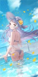 Rule 34 | 1girl, back, bad id, bad twitter id, bare back, bare shoulders, blue sky, blush, closed mouth, cloud, floating hair, flower, from behind, grey hair, halterneck, hat, hat flower, highres, hololive, long hair, looking at viewer, looking back, murasaki shion, nail polish, panties, petals, see-through, shiohana, sidelocks, sky, solo, star (symbol), straw hat, underwear, very long hair, virtual youtuber, wading, water, wet, wet clothes, white hat, white panties, yellow eyes, yellow nails