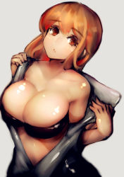 Rule 34 | 1girl, bandeau, bare shoulders, bodysuit, breasts, brown eyes, cleavage, collarbone, highres, lapaco, large breasts, looking at viewer, orange hair, original, parted lips, shiny skin, solo, undressing, upper body