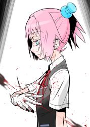 Rule 34 | 10s, 1girl, blood, blood on face, blood splatter, blue eyes, censored, g=hikorou, gloves, guro, hair ornament, kantai collection, mosaic censoring, personification, pink hair, ponytail, school uniform, shiranui (kancolle), short hair, solo, thumbtack, white background, white gloves