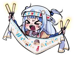 Rule 34 | &gt; &lt;, 1girl, absurdres, banner, blush, cheering, choripan, crying, gawr gura, glowstick, grey hair, hair ornament, headband, heart, highres, holding, hololive, hololive english, long hair, open mouth, otaku, sharp teeth, simple background, sketch, solo, teeth, twitter username, two side up, upper body, virtual youtuber, white background