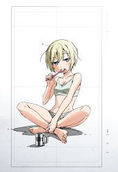 Rule 34 | 1girl, 501st joint fighter wing, blonde hair, bra, brushing teeth, cup, erica hartmann, full body, half-closed eyes, highres, indian style, looking at viewer, mug, shadow, short hair, shorts, simple background, sitting, sleepy, solo, sports bra, strike witches, takamura kazuhiro, toothbrush, underwear, underwear only, white background, world witches series
