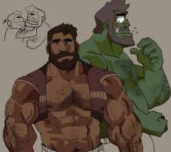 Rule 34 | 2boys, abs, bara, bare pectorals, beard, belly, brown hair, colored skin, couple, dark-skinned male, dark skin, facial hair, fat, fat man, flying sweatdrops, full beard, green skin, grey hair, hairy, highres, interspecies, knuckle hair, large hands, large pectorals, male focus, mature male, monster boy, multiple boys, muscular, muscular male, navel hair, nipples, orc, original, pectorals, pointy ears, profile, short hair, softbeef, thick arm hair, thick beard, thick chest hair, thick eyebrows, thick navel hair, tusks, upper body, wide-eyed, yaoi