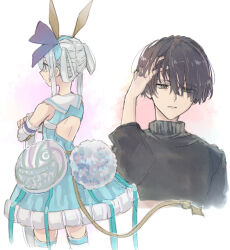 Rule 34 | 1boy, 1girl, animal ears, atelier (series), atelier sophie, atelier sophie 2, back cutout, bare shoulders, black hair, blue dress, blue eyes, blue hairband, clothing cutout, crossed arms, detached sleeves, diebold lewerenz, dress, eyes visible through hair, fake animal ears, fake tail, grey eyes, grey hair, hair rings, hairband, hand in own hair, hani (udauda), legs apart, long hair, open mouth, plachta, purple ribbon, rabbit ears, rabbit tail, ribbon, simple background, standing, tail, thighs, turtleneck, white background, white sleeves