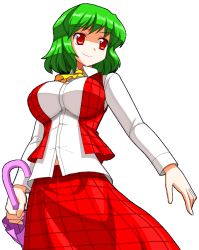 Rule 34 | 1girl, ascot, bad id, bad pixiv id, dress, female focus, green hair, impossible clothes, impossible shirt, kazami yuuka, mono (moiky), red eyes, shirt, short hair, smile, solo, touhou, transparent background, umbrella, vest