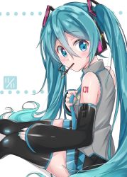 1girl, aqua eyes, aqua hair, aqua nails, aqua neckwear, bare shoulders, black legwear, black skirt, black sleeves, commentary, date pun, dated, detached sleeves, food, from side, grey shirt, hair ornament, hand on own knee, hatsune miku, headphones, headset, holding necktie, long hair, looking at viewer, looking to the side, miniskirt, mouth hold, nail polish, necktie, number pun, pleated skirt, pocky, pocky day, shirt, shoulder tattoo, sitting, skirt, sleeveless, sleeveless shirt, solo, supo01, tattoo, thighhighs, twintails, very long hair, vocaloid, white background, zettai ryouiki