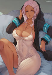 Rule 34 | 1girl, artist name, black coat, breasts, closed mouth, coat, collarbone, commentary, covered erect nipples, dark-skinned female, dark skin, dress, en&#039;en no shouboutai, english commentary, fur-trimmed coat, fur trim, half-closed eyes, hand up, heart, heart necklace, hibana (enen no shouboutai), highres, hood, hooded coat, indoors, jewelry, knee up, large breasts, long sleeves, looking at viewer, necklace, neon trim, no bra, pink hair, shexyo, sitting, sleeveless, sleeveless dress, solo, thick thighs, thighs, white dress
