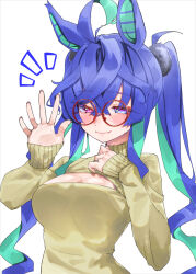 Rule 34 | 1girl, @ @, absurdres, aged up, ahoge, alternate breast size, alternate costume, animal ears, aqua hair, bespectacled, blue eyes, blue hair, blush, breasts, casual, cleavage, cleavage cutout, closed mouth, clothing cutout, crossed bangs, fang, fang out, glasses, hair between eyes, hair tie, half-closed eyes, heterochromia, highres, homozerion, horse ears, horse girl, jewelry, large breasts, long hair, long sleeves, looking at viewer, multicolored hair, red-framed eyewear, red eyes, ring, round eyewear, sidelocks, sleeves past wrists, smile, solo, sweater, turtleneck, turtleneck sweater, twin turbo (umamusume), twintails, two-tone hair, umamusume, upper body, waving, wedding ring, white sweater