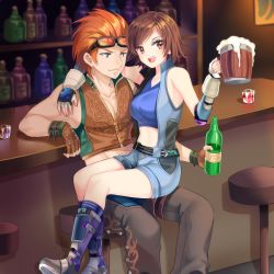 Rule 34 | 1boy, 1girl, :d, absurdres, arm support, bar (place), bottle, brown eyes, brown hair, closed mouth, commentary, commission, cup, english commentary, eyewear on head, hetero, highres, holding, holding bottle, holding cup, hwoarang (tekken), indoors, kazama asuka, namco, open mouth, orange hair, short hair, sitting, sitting on lap, sitting on person, smile, sports bra, tekken, yaya chan