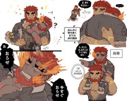 Rule 34 | 2boys, bara, beard, carrying, carrying over shoulder, carrying person, chibi, chibi inset, clenched teeth, collage, dark-skinned male, dark skin, eyebrow cut, facial hair, fiery hair, flaming eye, frown, hephaestus (housamo), hug, large pectorals, male focus, mature male, multiple boys, muscular, muscular male, pectoral cleavage, pectorals, piggyback, princess carry, prosthesis, prosthetic leg, red eyes, short hair, sleeping, sleeping on person, talos (housamo), teeth, thick eyebrows, tokyo houkago summoners, tora d, translation request, unzipped