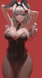 Rule 34 | 1girl, animal ears, armpits, arms behind head, arms up, between breasts, black leotard, breasts, bursting breasts, cleavage, collar, covered erect nipples, curvy, hairband, highleg, highleg leotard, highres, large breasts, leotard, looking at viewer, momimi, navel, necktie, necktie between breasts, original, pantyhose, playboy bunny, rabbit ears, red background, red eyes, shiny skin, skin tight, skindentation, solo, sweatdrop, thick thighs, thigh gap, thighs, white hair
