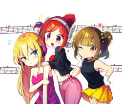 Rule 34 | 3girls, absurdres, bare shoulders, blonde hair, blue eyes, blush, breasts, brown eyes, brown hair, character request, cleavage, closed mouth, collarbone, crop top, dress, gloves, headphones, highres, looking at another, looking at viewer, medium breasts, multiple girls, musical note, navel, off-shoulder dress, off shoulder, offbeat, one eye closed, open mouth, pink dress, pop singer (rhythm tengoku the best+), red eyes, red hair, rhythm tengoku, short hair, short ponytail, side ponytail, skirt, smile, so&#039;ra, staff (music), white gloves, yellow skirt
