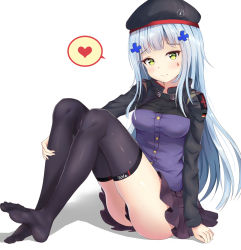 Rule 34 | 1girl, arm support, ass, beret, black thighhighs, blunt bangs, blush, breasts, buttons, cleavage, closed mouth, collared jacket, facepaint, feet, german flag, girls&#039; frontline, gloves, green eyes, hair ornament, hand on leg, hat, heart, highres, hk416 (girls&#039; frontline), icwine, jacket, knees up, long hair, long sleeves, looking at viewer, medium breasts, no shoes, panties, pantyshot, plaid, plaid skirt, shiny skin, sidelocks, silver hair, simple background, sitting, skirt, smile, soles, solo, sweatdrop, teardrop, thighhighs, thighs, toes, toes up, tsurime, underwear, white background