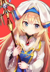 Rule 34 | 10s, 1girl, blonde hair, blue eyes, blush, breasts, closed mouth, commentary request, dress, gem, goblin slayer!, hair between eyes, hands up, hat, highres, holding, holding staff, long hair, long sleeves, marisayaka, priestess (goblin slayer!), red background, simple background, small breasts, solo, staff, very long hair, white dress, white hat, wide sleeves