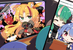 Rule 34 | 3girls, :d, ;&lt;, ^ ^, aerial fireworks, arknights, bare shoulders, beni shake, black gloves, black jacket, black shirt, blonde hair, blue hair, brown legwear, ch&#039;en (arknights), chibi, closed eyes, closed mouth, collared shirt, commentary request, copyright notice, dress, fang, fang out, fireworks, folding fan, gloves, green hair, hand fan, holding, holding fan, hoshiguma (arknights), jacket, long sleeves, multicolored hair, multiple girls, official alternate costume, official art, open mouth, parted lips, red dress, red eyes, red hair, shirt, sleeveless, sleeveless shirt, smile, streaked hair, sunglasses, swire (arknights), swire (honor and splendor) (arknights), thighhighs, triangle mouth, watermark, white shirt