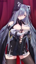 Rule 34 | 1girl, august von parseval (azur lane), azur lane, black dress, black thighhighs, blue eyes, blush, breast curtains, breasts, capelet, cleavage, clothing cutout, cowboy shot, curled horns, curtains, detached sleeves, dress, ex saki, gloves, hair over one eye, hand on own chest, highres, horns, indoors, large breasts, lips, long hair, looking at viewer, open mouth, silver hair, smile, solo, thighhighs