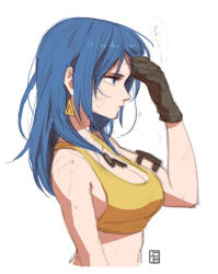 Rule 34 | 1girl, a-ka, black gloves, blue eyes, blue hair, breasts, closed mouth, dog tags, earrings, gloves, hair down, hand on own head, jewelry, leona heidern, pouch, profile, signature, solo, tank top, the king of fighters, the king of fighters xiv, triangle earrings, yellow tank top