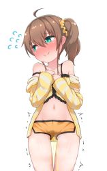 Rule 34 | 1girl, ahoge, bare shoulders, bibi (bibi47881139), blush, brown hair, casual peeing, clothes lift, green eyes, hair ornament, hair scrunchie, happy peeing, highres, hololive, looking to the side, natsuiro matsuri, natsuiro matsuri (matsuri&#039;s day off), navel, orange shorts, peeing, peeing self, purposeful wetting, scrunchie, shirt lift, shorts, simple background, smile, solo, virtual youtuber, white background, yellow scrunchie